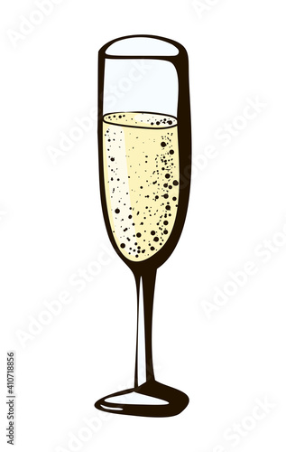 Vector doodle hand drawn sketch black yellow illustration of champagne glass, sparkling wine drink cheers on white background