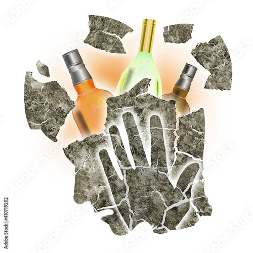 Dry february, Drunk man with headache. 
Stylized male head silhouette holding his head.Photo-montage with Dry cracked earth and bottles of alcohol. Addiction and alcoholism concept. photo