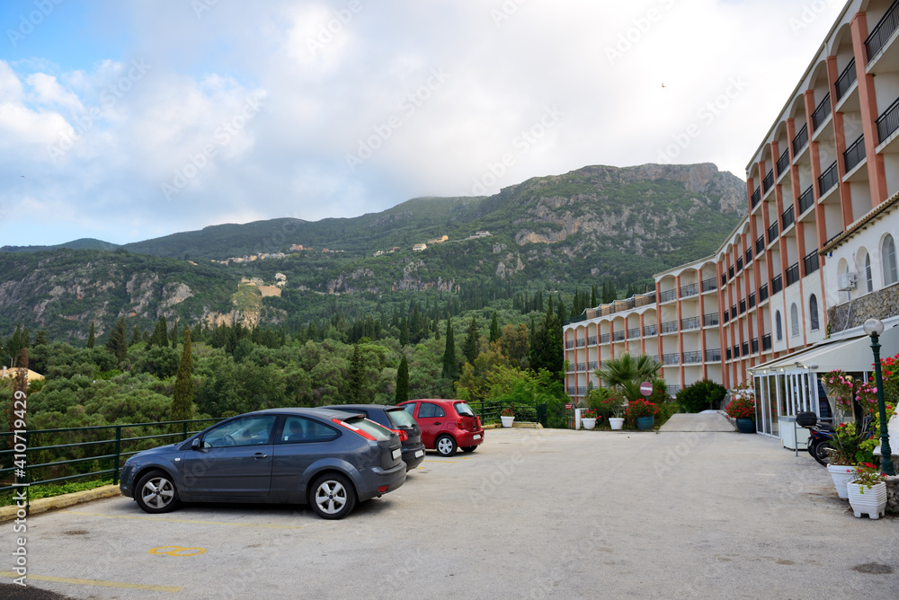 The rent cars are near hotel in Paleokastritsa, Corfu island, Greece