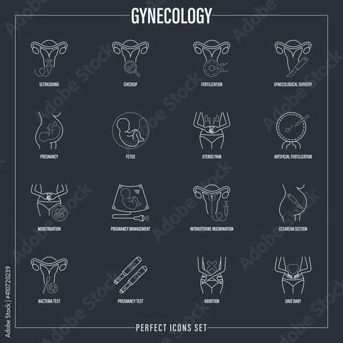 Gynecology thin line icons set. Ultrasound, check up, artificial fertilization, pregnancy, fetus, gynecological surgery, menstration, cesarian section, intrauterine insemination. Vector illustration.