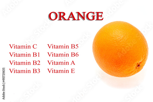 Photo of an orange on a white background. List of vitamins that are present in orange