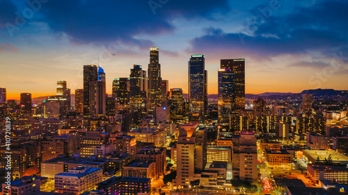 Los Angeles city skyline at sunset