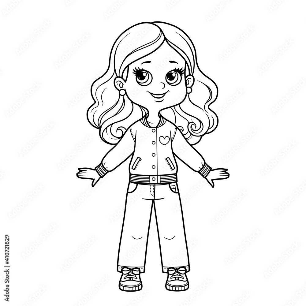 Cute cartoon girl in denim leans, college jacket and sneakers outline for coloring on white background Cute cartoon girl in denim leans, college jacket and sneakers outline for coloring on white background
