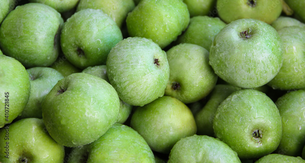 Apple background for designers. Green apples after rain Apple background for designers. Green apples after rain