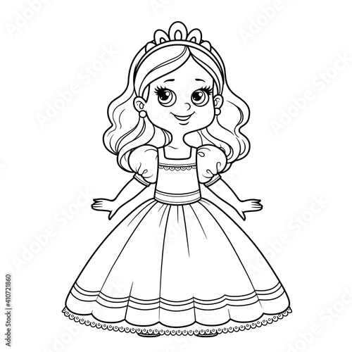 Cute cartoon girl dressed ball dress and tiara outline for coloring on a white background