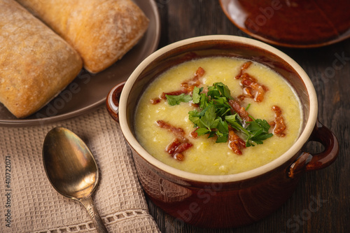 Creamy leek soup with bacon and cheese.