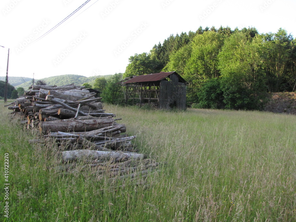 a high old tobacco barn, with an open space in the countryside in bohan in the belgian ardennes in springtime and a pile of logs in front