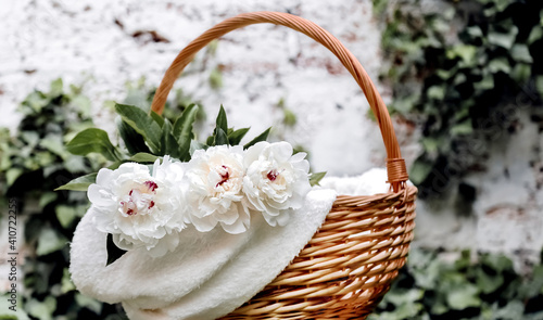 Bouquet of white peonies flowers in basket outside against white wall. Spring flowers. Cut peonies in garden. Long web banner