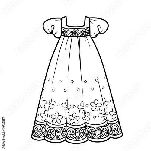 Light summer romantic long dress with floral ornament outline for coloring on a white background