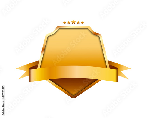 Gold ribbon banner with empty label and stars. Vector illustration design element.