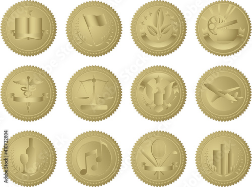 This is a set of 12 unique gold document seals, designed for a variety of industries. Each seal is isolated, grouped, labeled, and on an individual layer.
