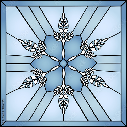 A white stained glass style snowflake on a blue background
