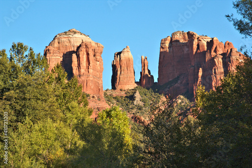 Cathedral Rock high above Red Rock Crossing at sundown