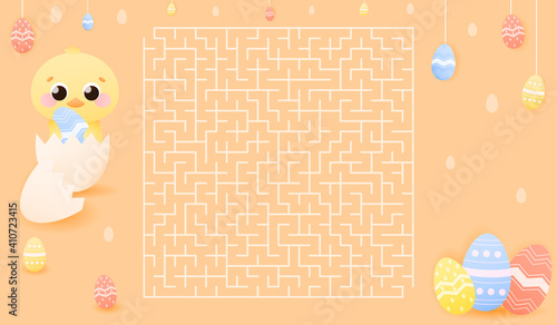 Riddle for kids in childish style with cute chik character in egg shell holding easter egg, spring holidays concept for school worksheet, educational maze, help finf right path