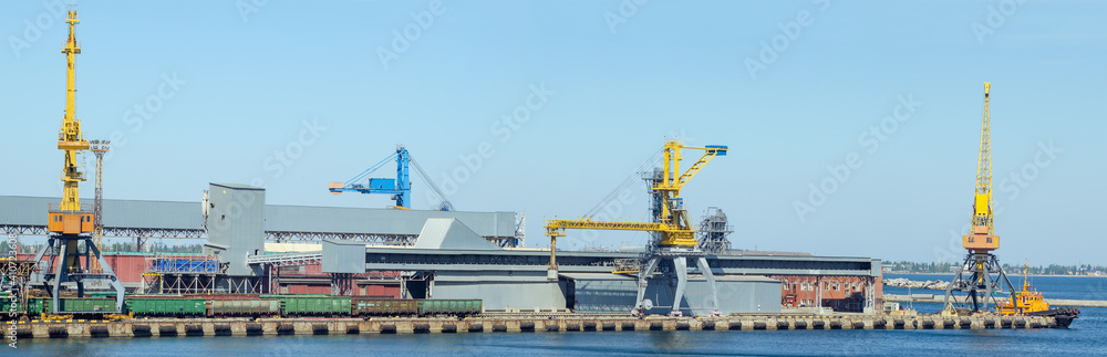 Port panorama, lifting harbor cranes and railway wagons in the cargo seaport