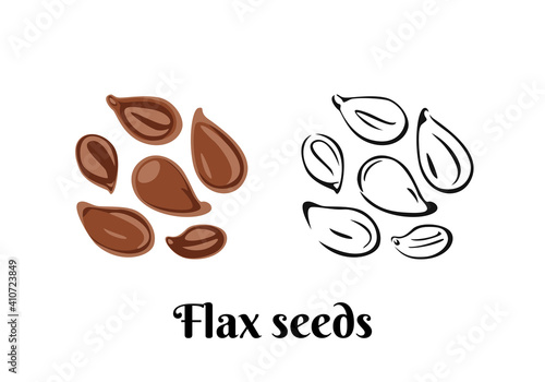 Flax seeds isolated on white background. Vector color illustration in cartoon flat style and black and white outline. Organic food Icon.