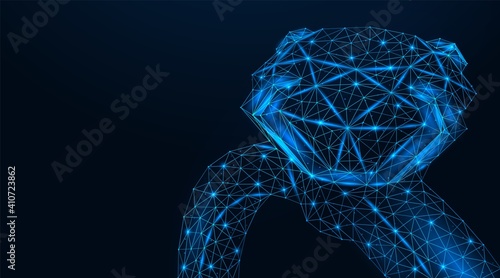 A diamond ring. Polygonal construction of concatenated lines and points. Blue background.