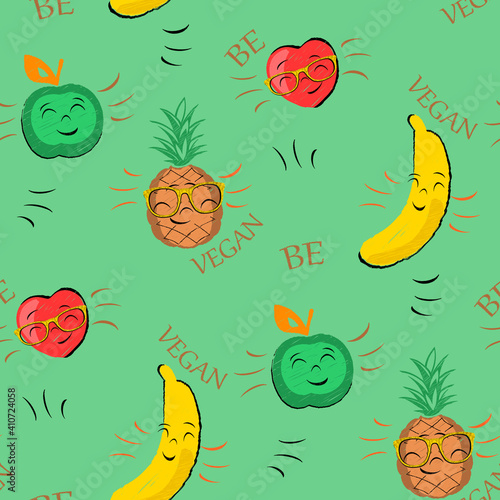 Be loving, go vegan seamless pattern smiling fruits