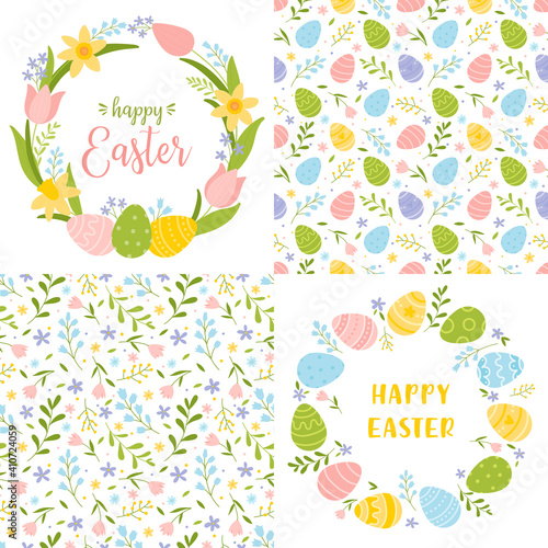 Set of cute Easter cards and seamless patterns.