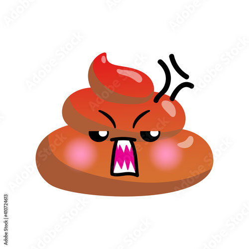 Shit or turd emoji vector icon with angry shouting face feeling pissed off and tired, isolated illustration in flat cartoon and kawaii style