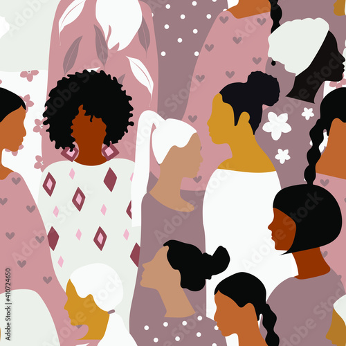 Seamless pattern with women of different nationalities in pastel colors. For printing on fabrics, paper, posters. Vector graphics.
