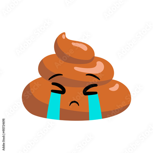 Shit or turd emoji vector icon with unhappy crying face feeling tired, isolated illustration in flat cartoon and kawaii style with tears