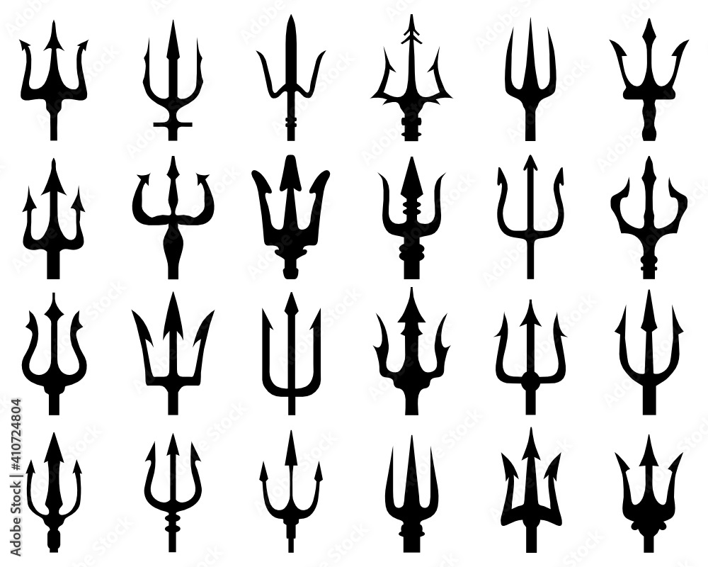 SVG Set of black silhouettes of trident on a white background SVG Set of black silhouettes of trident on a white background