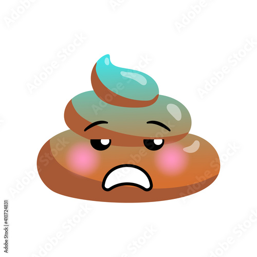 Shit or turd emoji vector icon with unhappy face in blue colors for digestion problems concepts as constipation or diarrhea, isolated illustration in flat cartoon and kawaii style