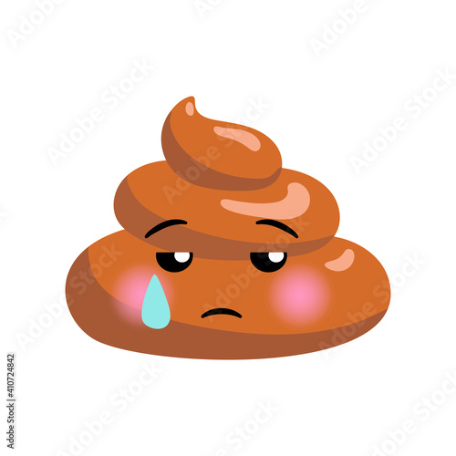 Shit or turd emoji vector icon with unhappy crying face feeling tired, isolated illustration in flat cartoon and kawaii style with tear