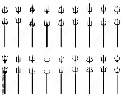 SVG Set of black silhouettes of trident on a white background