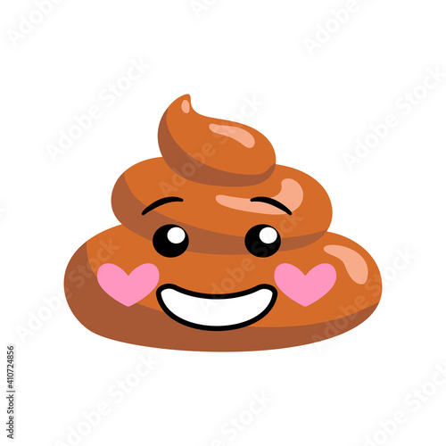 Shit or turd emoji vector icon with happy laughing smile on a face, isolated illustration in flat cartoon and kawaii style.