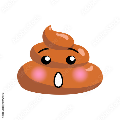 Shit or turd emoji vector icon with surprised gasping face, isolated illustration in flat cartoon and kawaii style