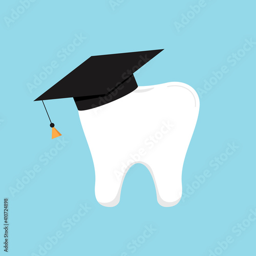 Tooth in graduation hat dental school icon isolated. Vector illustration of education logo with academy molar student. Flat design cartoon tooth concept of dentistry medicine education.