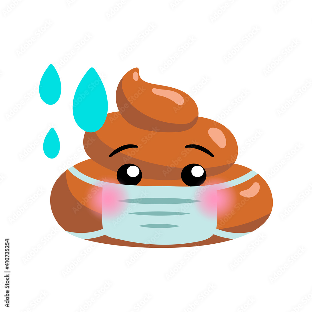Shit or turd wearing medical mask feeling anxietty and fear - emoji vector icon as concept for coronavirus prevention and other diseases as flu, air pollution, contaminated air. Isolated illustration Shit or turd wearing medical mask feeling anxietty and fear - emoji vector icon as concept for coronavirus prevention and other diseases as flu, air pollution, contaminated air. Isolated illustration