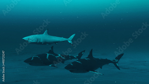 Fotografie, Obraz Closeup of Great white sharks swimming in the deep blue ocean water, 3D render