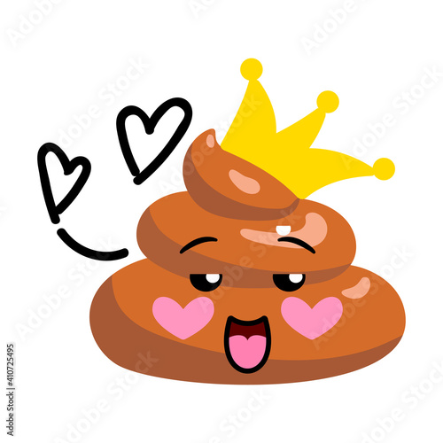 Shit or turd wearing crown emoji vector icon with flirting smile on a face, isolated illustration in flat cartoon and doodle style with hearts