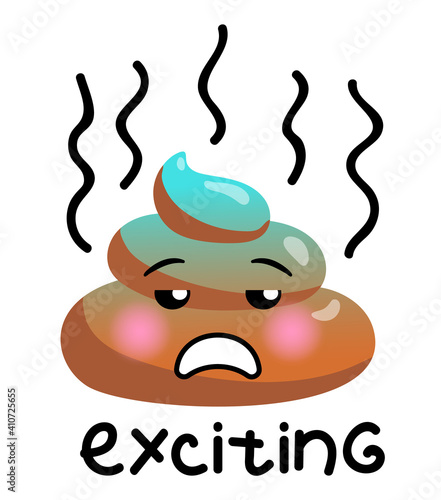 Shit or turd emoji vector icon with tired face feeling boring and sleepy and doodle text, isolated illustration in flat cartoon and kawaii style