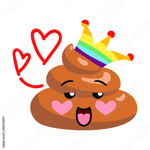 Shit or turd wearing crown with LGBT colors - emoji vector icon for gay, lesbian, LGBTQ concepts, isolated illustration in flat cartoon and kawaii style with hearts