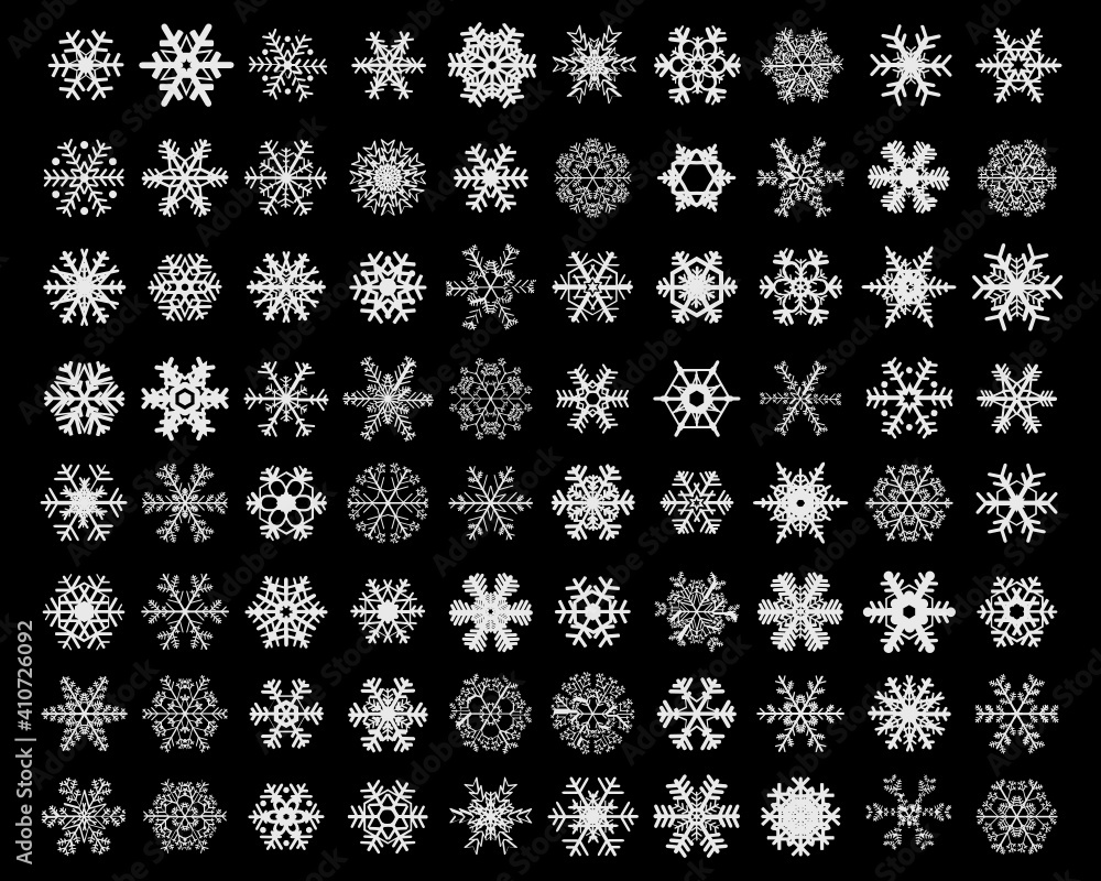 Set of different white snowflakes on a black background Set of different white snowflakes on a black background