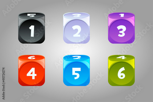 Vector set of colored dice with numbers.