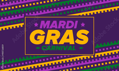 Mardi Gras Carnival in New Orleans. Fat Tuesday. Traditional holiday, celebration annual. Folk festival, costume masquerade, fun party. Carnival mask. Poster, card, banner and background. Vector