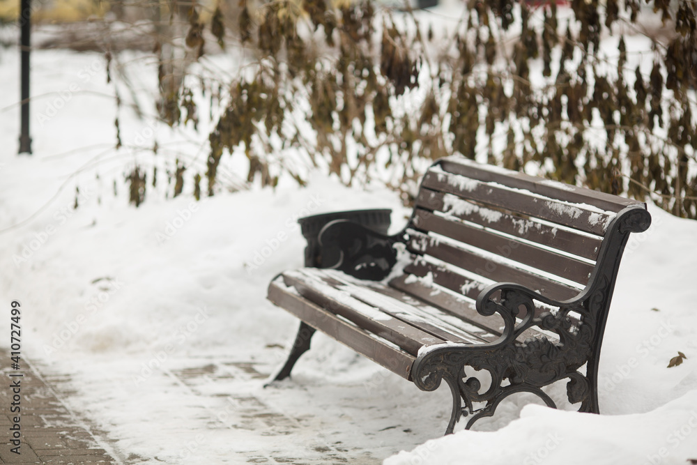 Bench in the winter in the park. 