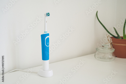 Dental care tool. Electric charging toothbrush on table. Green plant. White background.