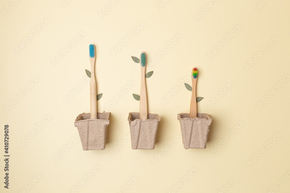 Three bamboo toothbrushes in pot with leaves on light, association with trees, plastic free Three bamboo toothbrushes in pot with leaves on light, association with trees, plastic free