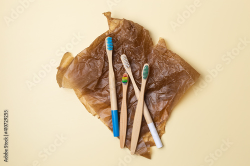 Fototapeta Naklejka Na Ścianę i Meble -  Set of colorful bamboo toothbrushes. Zero waste, plastic free, eco friendly organic product concept