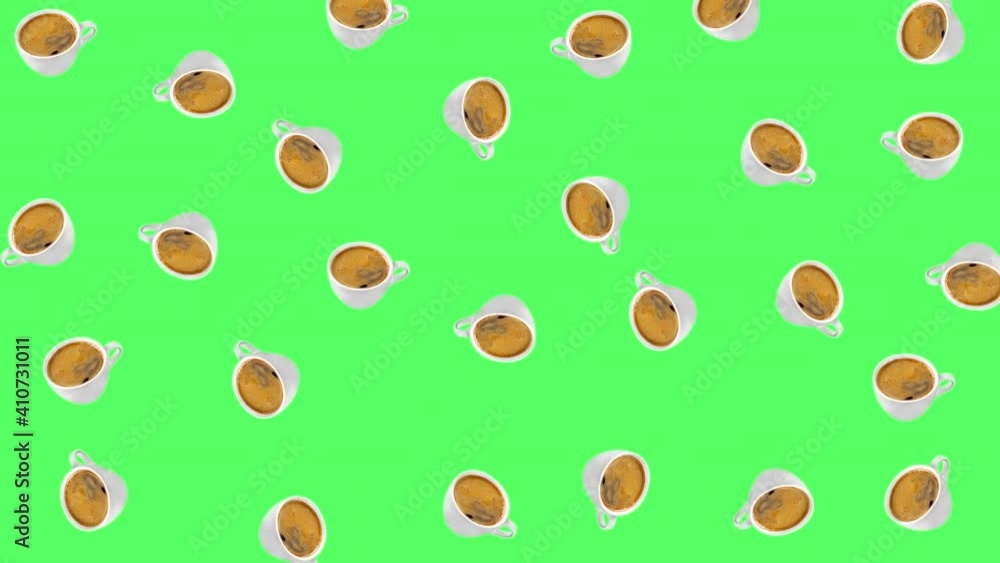 seamless looping animation with many white cups of coffee latte americano that wiggle on a green screen or chroma key background. template for drink menu of coffee houses with copy space