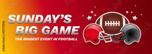 Sunday's big game - American football championship final red banner - football ball, red and gray helmets - vector red and yellow background