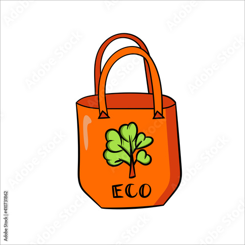 Orange eco bag. Bright vector illustration isolated on white background. Sketch in the style of Doodle. The concept of environmental conservation.