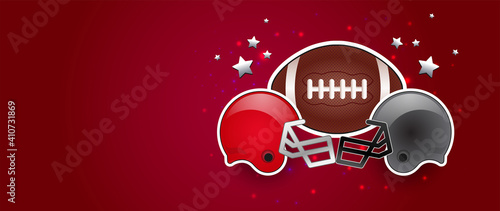 American football red background banner with american football ball, two opponent teams helmets in red and gray color, stars in the background