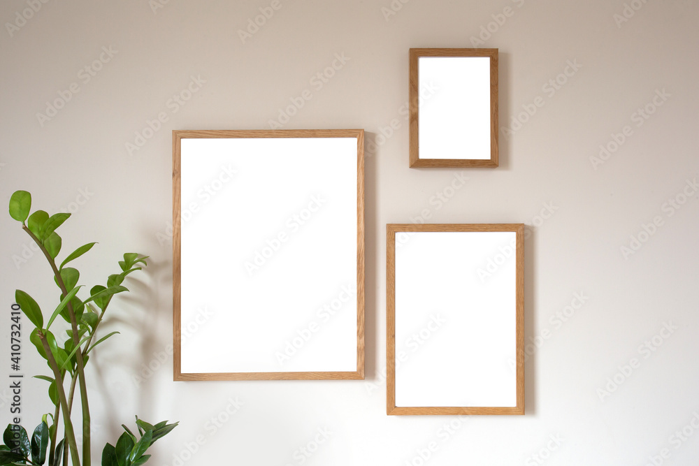 Interior design of living room with two brown mock up photo frame on modern wall, blank canvas with beautiful plant Elegant personal accessories. copy space, stylish decoration Interior design of living room with two brown mock up photo frame on modern wall, blank canvas with beautiful plant Elegant personal accessories. copy space, stylish decoration